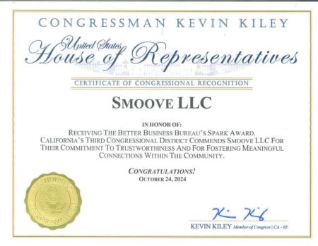 Certificate of Congressional Recognition presented to Smoove LLC by Congressman Kevin Kiley for the Better Business Bureau Spark Award