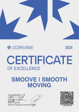 Certificate of Excellence 2024 from LocBNearMe, awarded to Smoove Smooth Moving