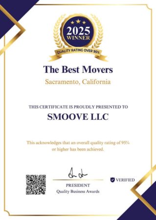 Quality Business Awards 2025 certificate, The Best Movers in Sacramento California, awarded to Smoove LLC