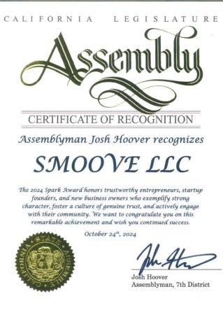 California State Assembly Certificate of Recognition presented to Smoove LLC by Assemblyman Josh Hoover, 7th District, for the 2024 Spark Award