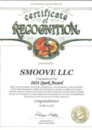 California State Senate Certificate of Recognition presented to Smoove LLC by Senator Roger Niello, 6th District, for the 2024 Spark Award