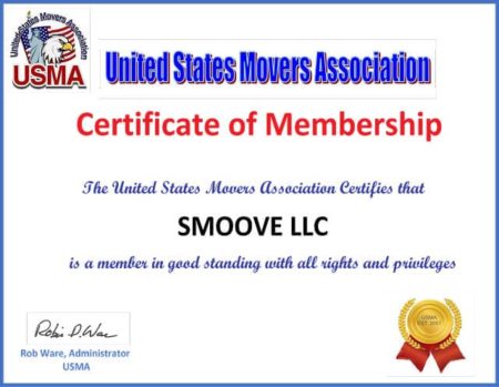 United States Movers Association Certificate of Membership for Smoove LLC