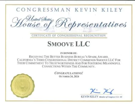 Certificate of Congressional Recognition presented to Smoove LLC by Congressman Kevin Kiley for the Better Business Bureau Spark Award