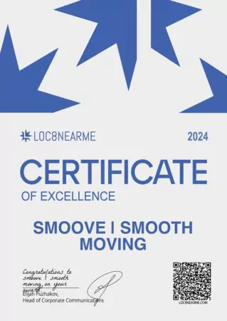 Certificate of Excellence 2024 from LocBNearMe, awarded to Smoove Smooth Moving
