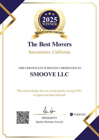 Quality Business Awards 2025 certificate, The Best Movers in Sacramento California, awarded to Smoove LLC